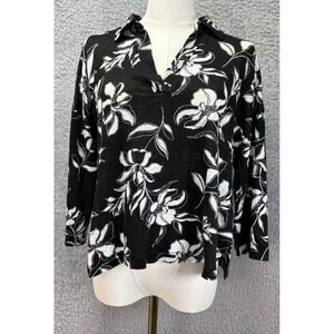 Nicole Miller Womens L Linen Blend Boxy Top Black White V Neck 3/4 Sleeve Boho